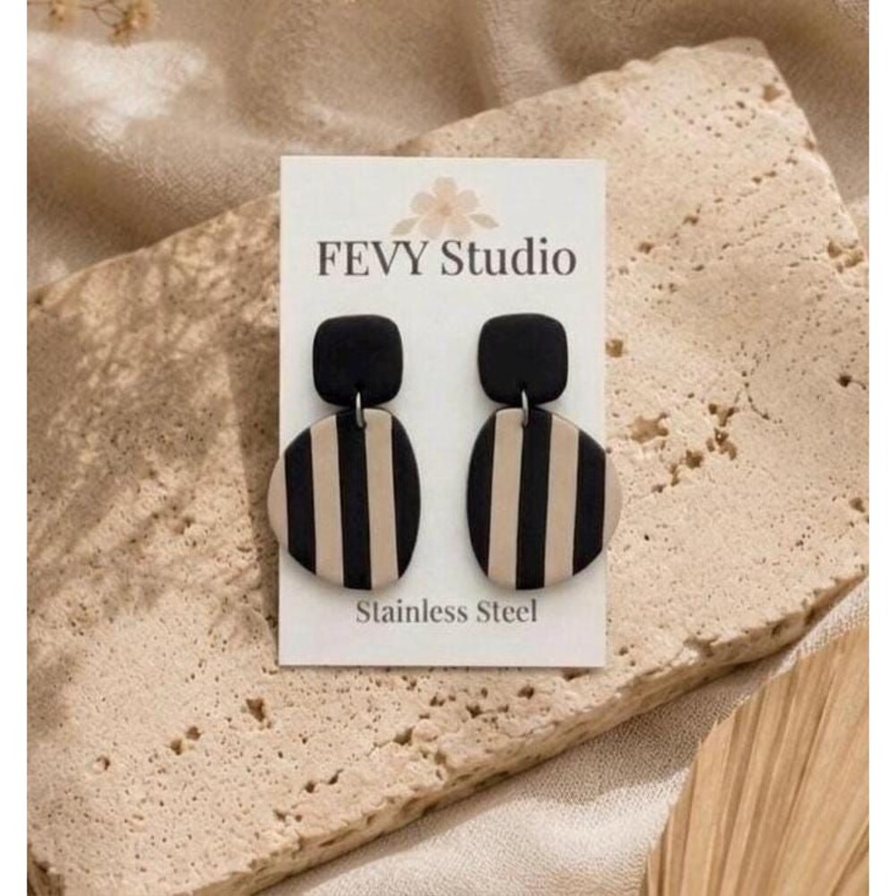Black Beige Striped Polymer Clay Earrings, Neutral Boho Dangles, Gift